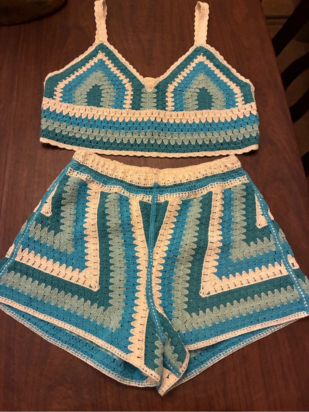 Rebellion Crochet High-Waist Shorts Set in Teal, Aqua & Cream 70s style